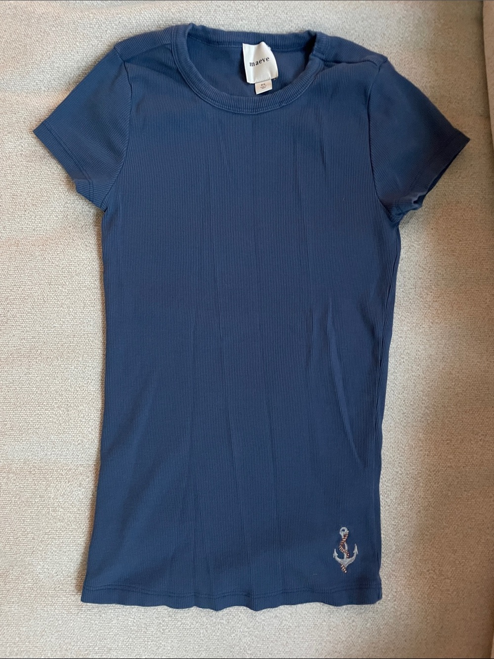 Maeve Navy Ribbed Short Sleeve Tee with Anchor Detail